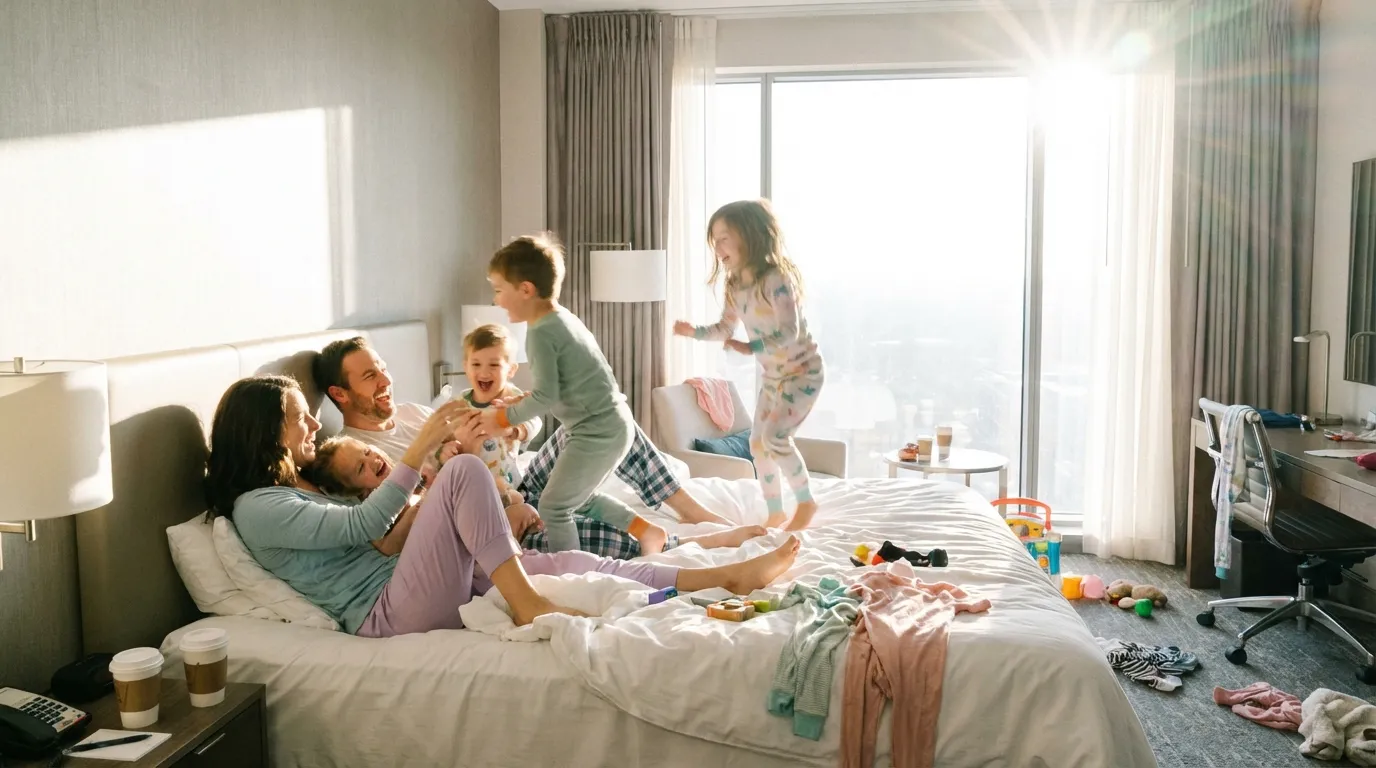 Familie im Hotelzimmer mit CUMO Matratze